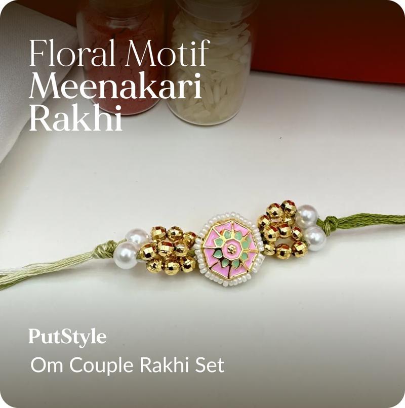 Floral Motif Meenakari Rakhi - Putstyle Om Couple Rakhi Set