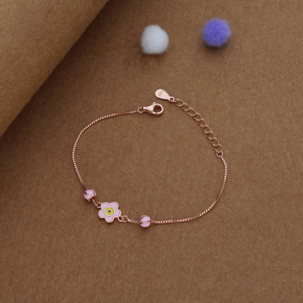 Cute Floral Glow Rose Gold Polish Kid Silver Bracelet ( 1-7 Yrs) | 925 Hallmark | Adjustable